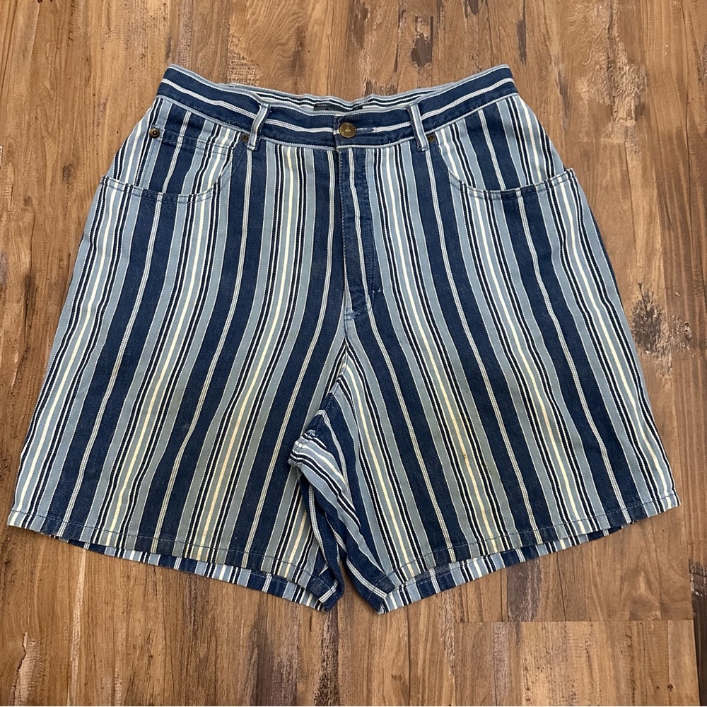 VTG 80s 90s High Waisted Bermuda Blue & White Pin Stripe Jean Denim Shorts